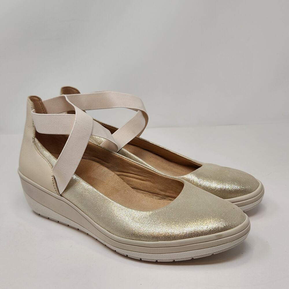 Vionic Ellery Gold Metallic Leather Ballet Wedge Shoes Women Size 8 Comfort